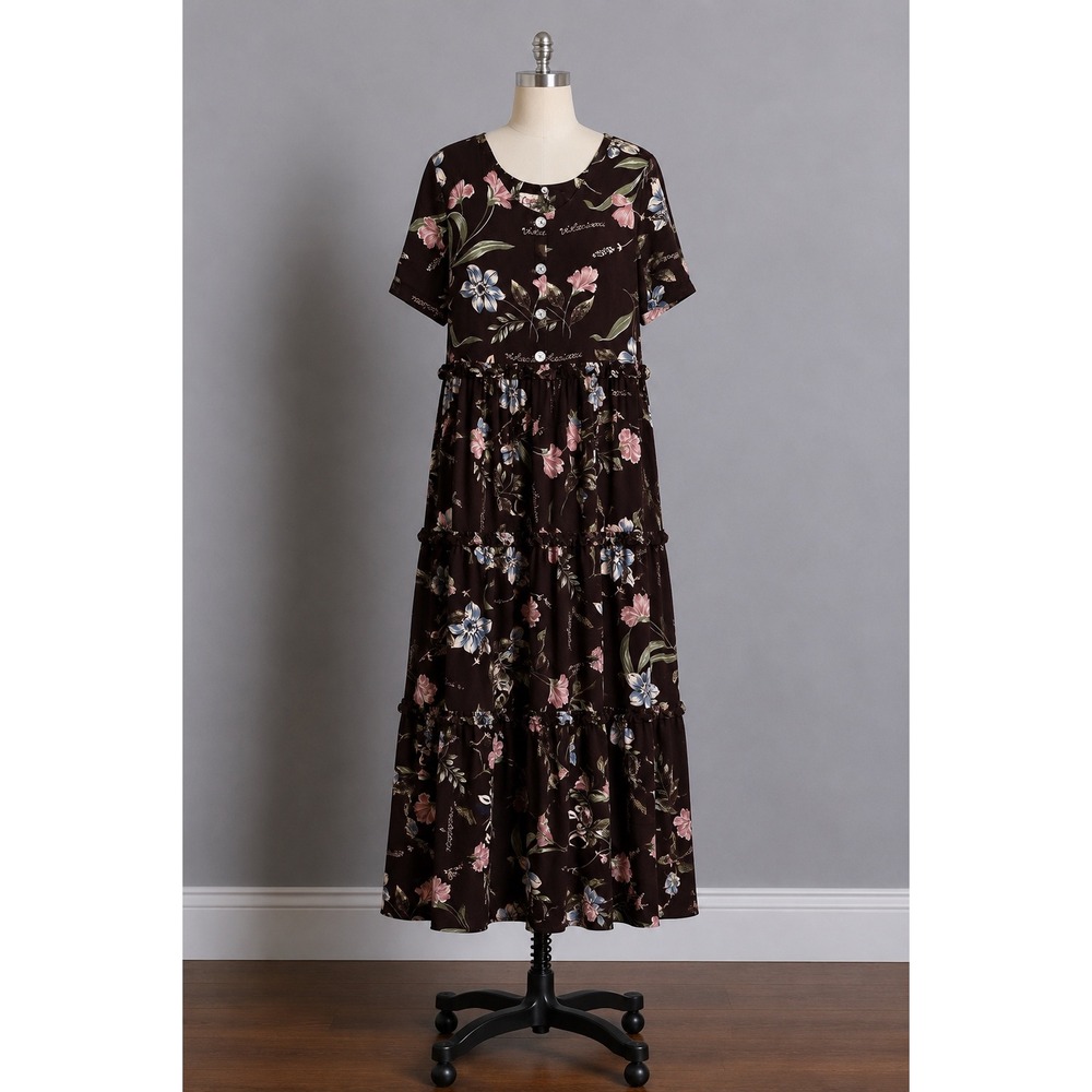 Cactus Flower Floral Tiered Maxi Dress Womenβ Large Brown Rayon Cottagecore